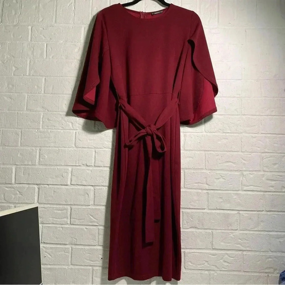 SHEIN Bodycon Dress Size Large Cape Sleeve Red Burgundy Cloth Waist Tie Date - Picture 2 of 12